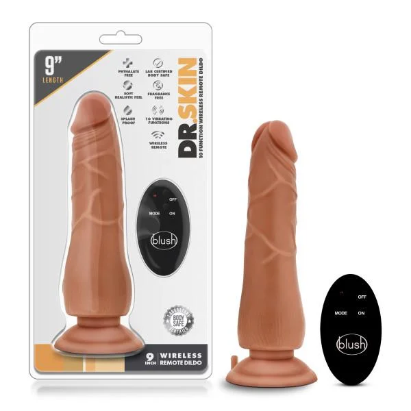 penis-health-tools-penis-medical-treatments-Dr. Skin - 9 Inch 10 Function Wireless Remote Dildo - Mocha