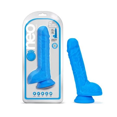 penis-surgery-recovery-penis-pump-reviews-Blush Neo 9 in. Dual Density Dildo with Balls & Suction Cup Neon Blue