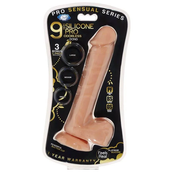 cock ring fetish-Pro Sensual Premium Silicone Dong with 3 Bonus C-Rings Tan 9 inches