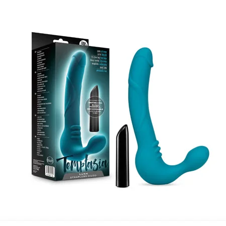 penis-blood-circulation-penis-care-products-Blush Temptasia Luna 9 in. Silicone Strapless Strap-On Dildo with Rechargeable Bullet Vibrator Teal