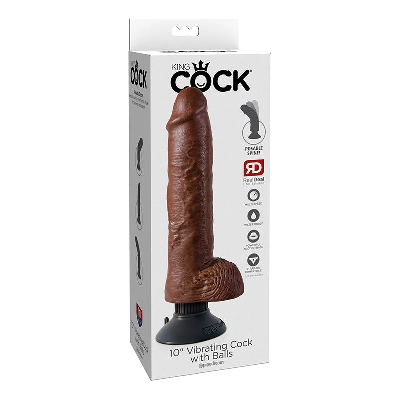 cock ring curved-King Cock 10in Vibrating Cock W/balls Brown