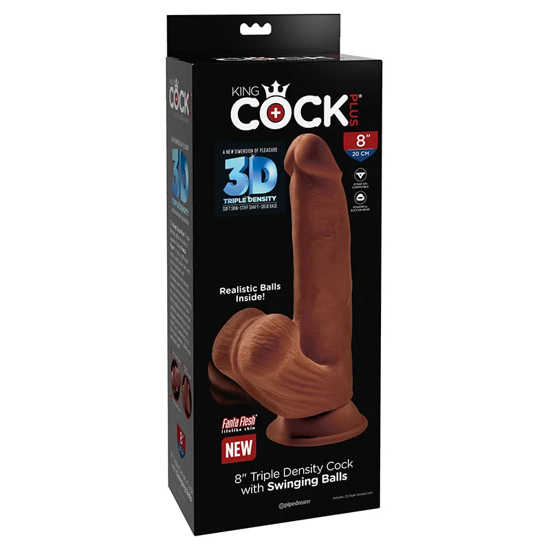 purple vibrating dildo-Pipedream King Cock Plus 8 in. Triple Density Cock With Swinging Balls Realistic Suction Cup Dildo Brown