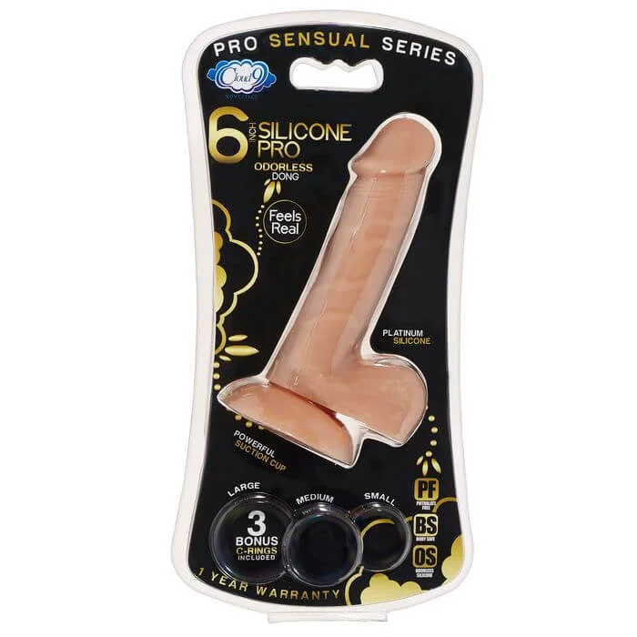 cock ring embossed-Pro Sensual Premium Silicone Dong with 3 Bonus C-Rings - 6 Inches, Tan, Suction Cup Base