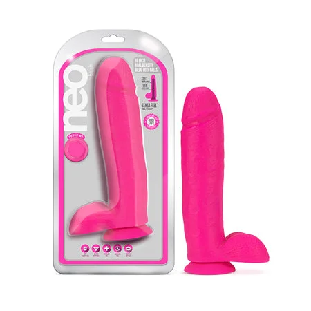 penis-injury-prevention-penis-sensitivity-issues-Blush Neo 10 in. Dual Density Dildo with Balls & Suction Cup Neon Pink