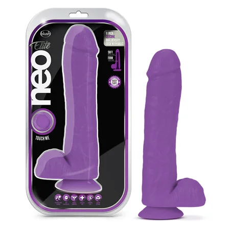 penis-size-tools-penis-function-problems-Blush Neo Elite 11 in. Silicone Dual Density Dildo with Balls & Suction Cup Neon Purple