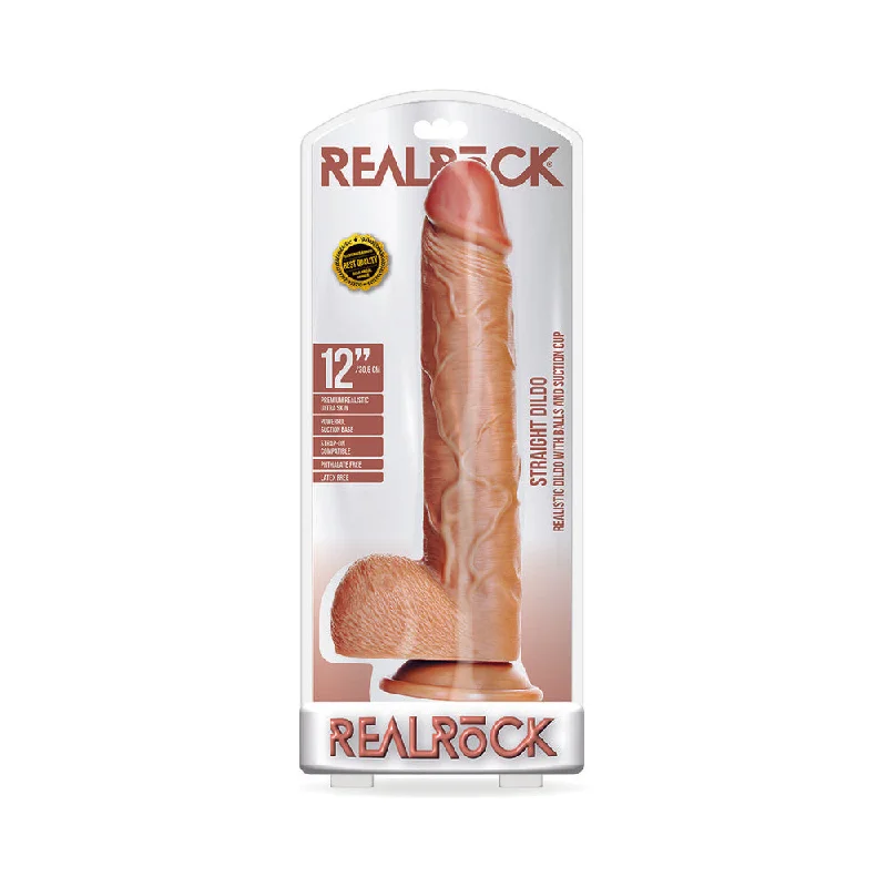 matte vibrating dildo-Realrock Straight Realistic Dildo With Balls And Suction Cup 12 In. Tan