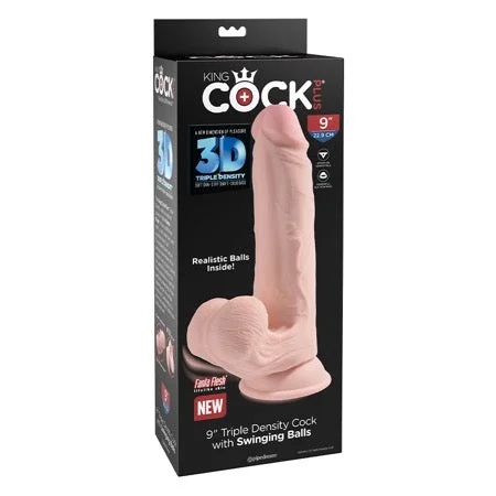 penis-extension-techniques-penis-length-studies-Pipedream King Cock Plus 9 in. Triple-Density Cock With Swinging Balls Dildo Beige