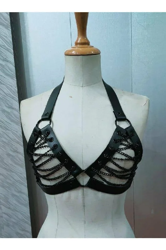 Sexy lingerie nylon-Candy Collection - Black Chain Lace-Up Bra Top Harness