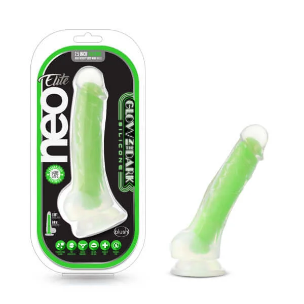 cock ring budget materials-Neo Elite Glow in the Dark 7.5 inches Silicone Dual Density Cock with Balls Neon Green