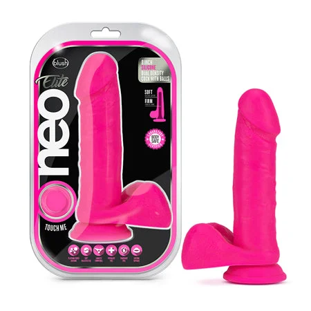 penis-enhancement-tools-penis-aging-effects-Blush Neo Elite 8 in. Silicone Dual Density Dildo With Balls & Suction Cup Neon Pink