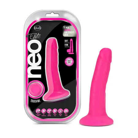 penis-care-tools-penis-confidence-boosters-Blush Neo Elite 6 in. Silicone Dual Density Dildo with Suction Cup Neon Pink