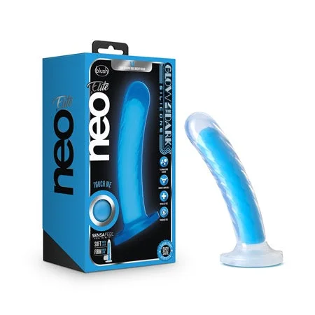 penis-hygiene-tools-penis-sensitivity-issues-Blush Neo Elite Glow in the Dark Tao 7 in. Dual-Density Dildo with Suction Cup Neon Blue