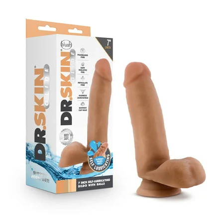 penis-hygiene-studies-penis-shape-variations-Blush Dr. Skin Glide Realistic 7 in. Self-Lubricating Dildo with Balls & Suction Cup Tan