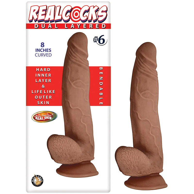 silver dildo-Real Cocks Dual Layered #6 Brown Curved 8 inches Dildo