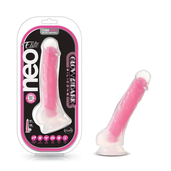 cock ring counterweight-Neo Elite Glow In The Dark 7.5 In Silicone Cock W/ Balls Neon Pink