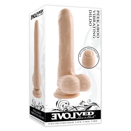 penis-care-reviews-penis-aging-effects-Evolved Peek A Boo Rechargeable Vibrating 8 in. Silicone Uncircumcised Dildo with Power Boost Light