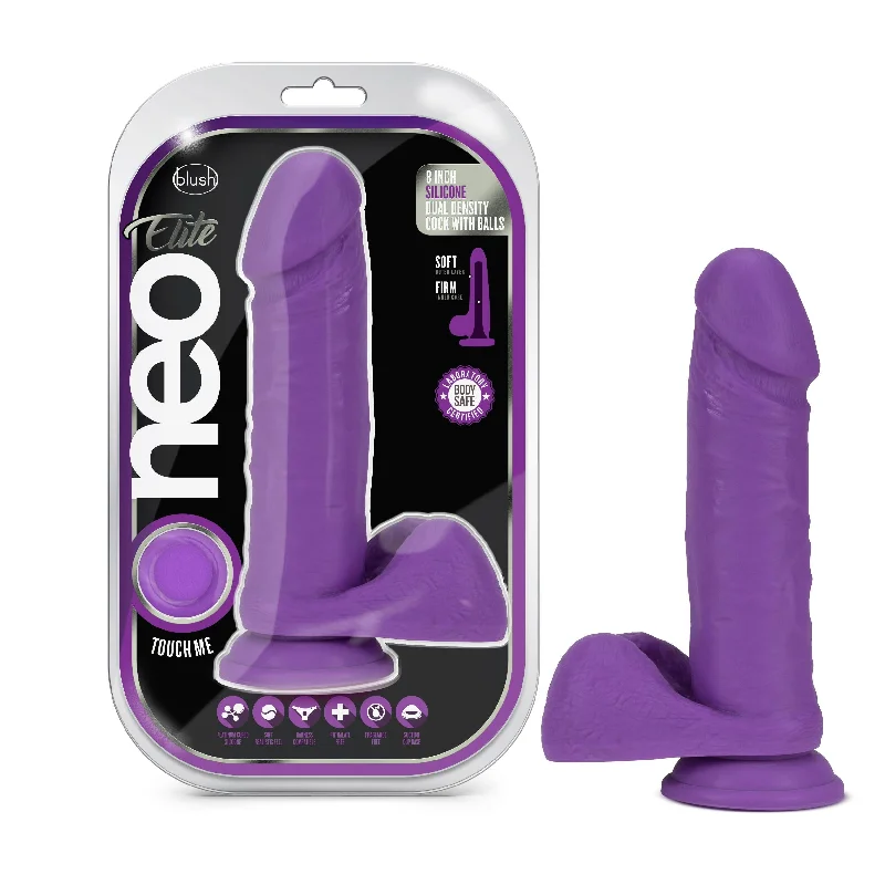 cock ring longevity-Neo Elite - 8 Inch Silicone Dual Density Cock  With Balls - Neon Purple