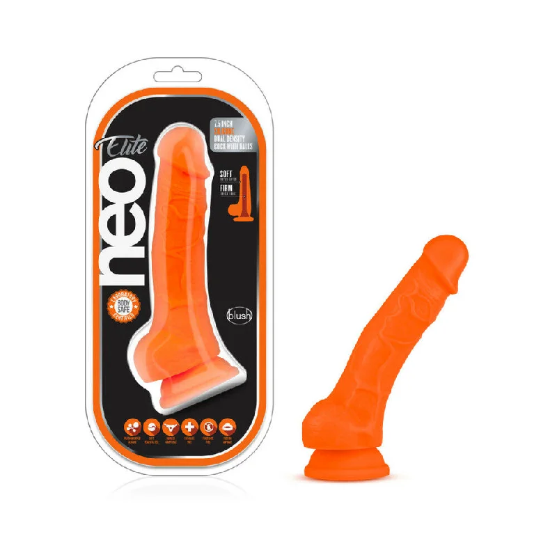 cock ring wholesale-Neo Elite - 7.5in Silicone Dual Density Cock With Balls - Neon Orange