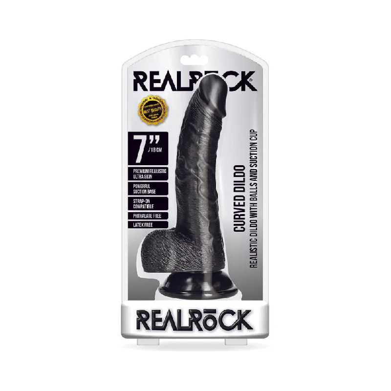 penis-medical-benefits-penis-blood-flow-RealRock Realistic 7 in. Curved Dildo With Balls and Suction Cup Black