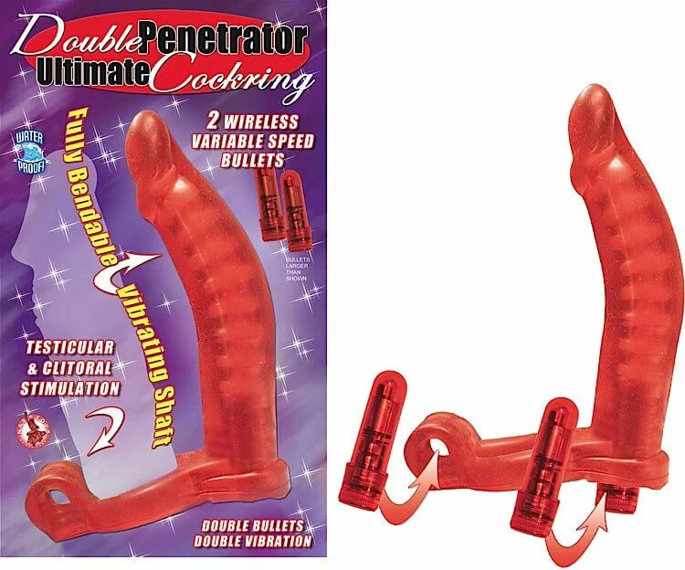 cock ring industrial-Double Penetrator Ultimate Cock Ring Red - Dual Stimulation, Bendable Shaft, and Powerful Vibrations