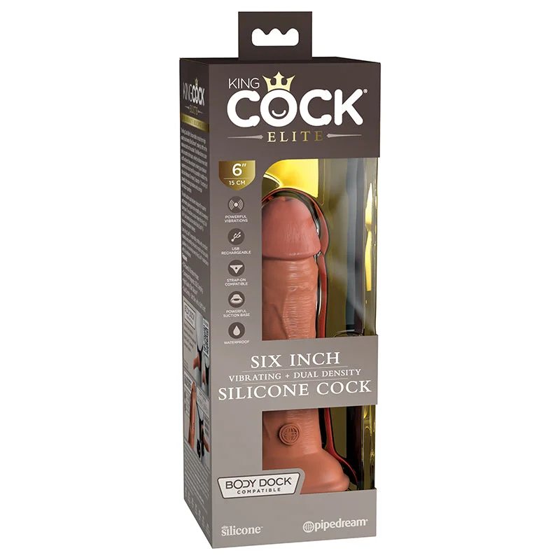 beginner silicone dildo-Pipedream King Cock Elite 6 in. Vibrating Dual Density Silicone Cock Rechargeable Realistic Dildo With Suction Cup Tan