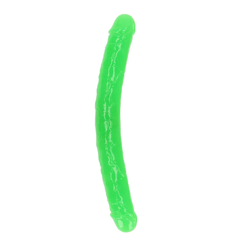 penis-extension-risks-penis-growth-techniques-RealRock Glow in the Dark Double Dong 15 in. Dual-Ended Dildo Neon Green