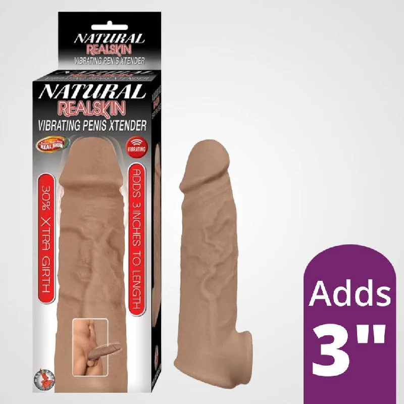 Anal toys for anal relaxation-Natural Realskin Vibrating Penis Xtender with Scrotum Hole (Brown)