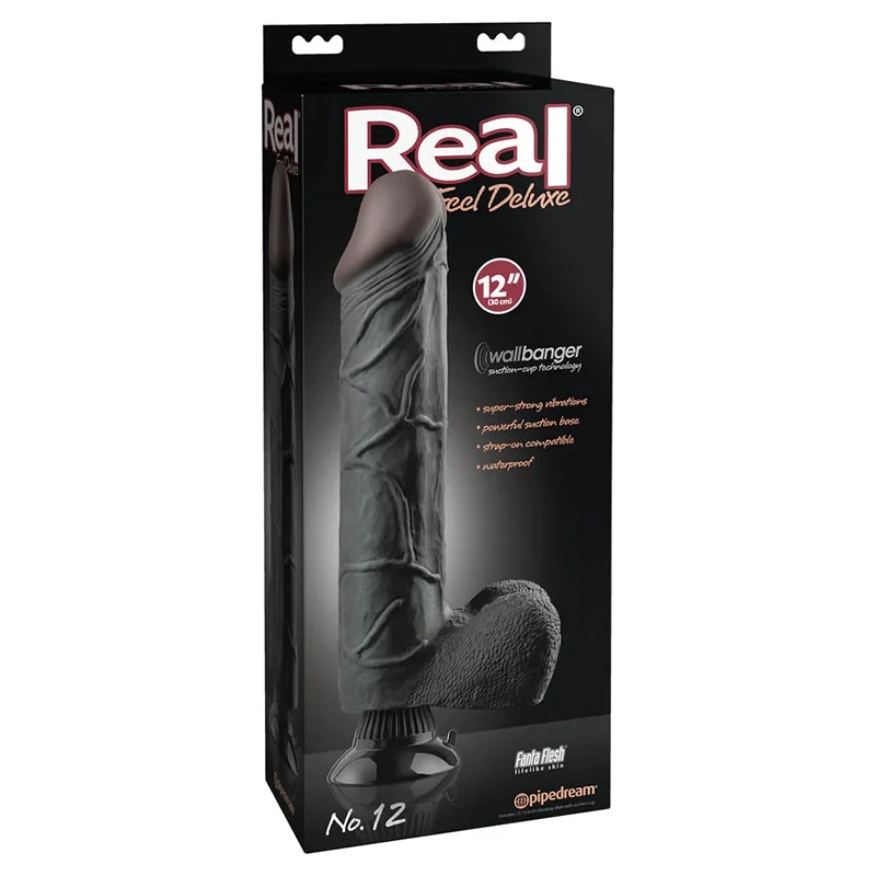 realistic skin dildo-Real Feel Deluxe No.12 Black Vibrating Dildo