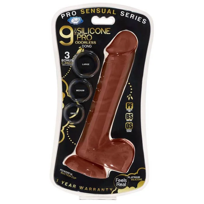 cock ring restraint-Pro Sensual Premium Silicone Dong with 3 Bonus C-Rings Brown 9 inches