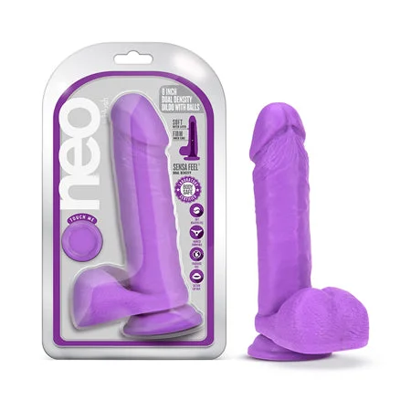 penis-anatomy-studies-penis-surgery-costs-Blush Neo 8 in. Dual Density Dildo with Balls & Suction Cup Neon Purple